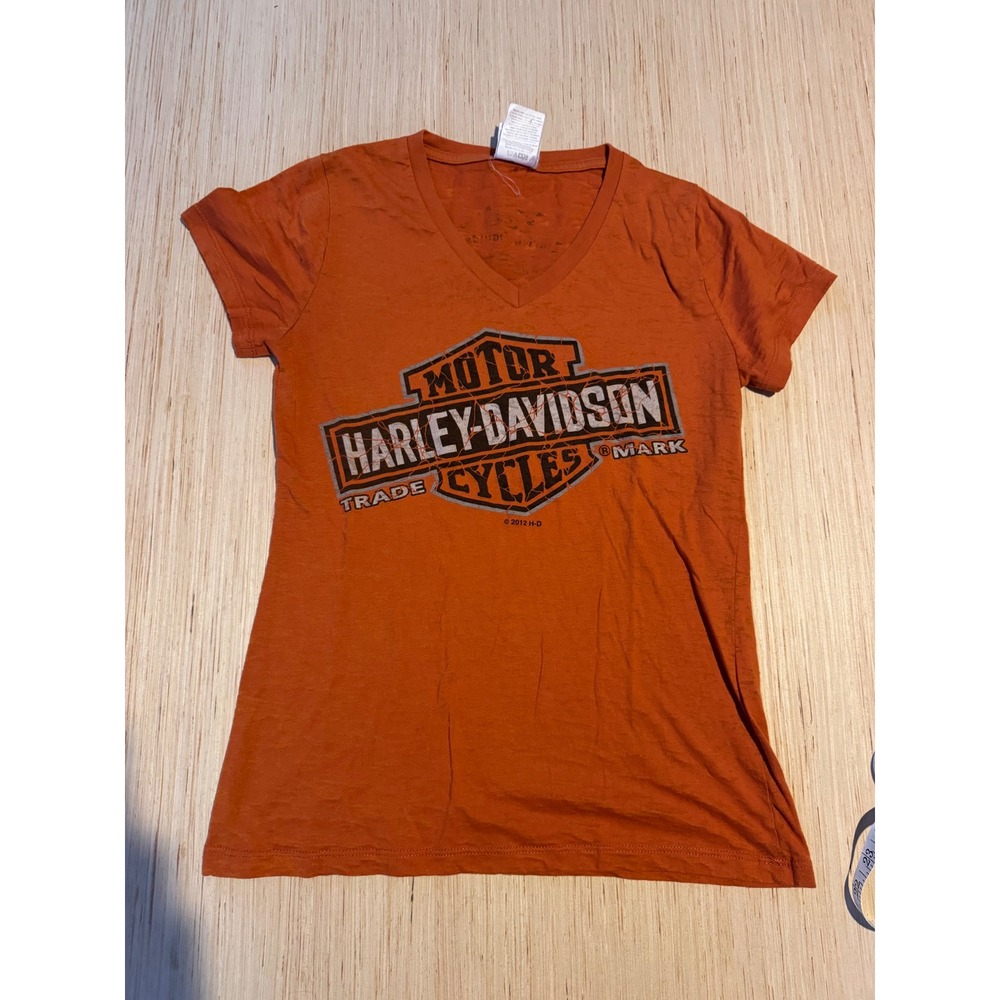Harley-Davidson Womens V-Neck T-Shirt Orange Ted's Alton IL Graphic Tee Large